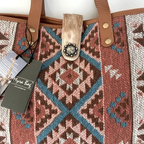 Myra Bag Tori Tote Aztec Native Weave Hair Hide Brown Canvas Tote NWT - Picture 9 of 16